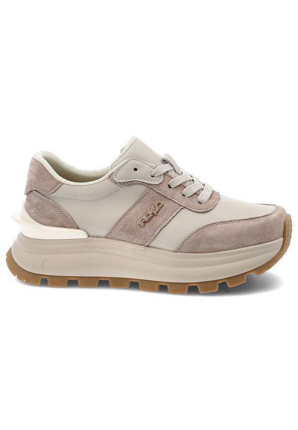 Beżowe Sneakersy Filippo Modne Buty Damskie Na Platformie. Okazja: na co dzień. Zapięcie: sznurówki. Kolor: beżowy. Materiał: zamsz, guma, skóra, materiał. Wzór: gładki. Obcas: na platformie