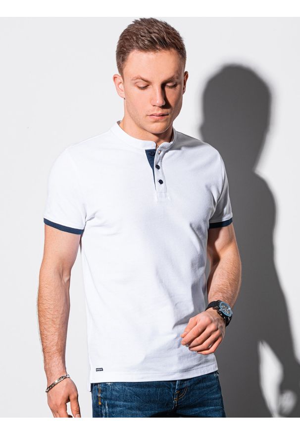 Ombre Clothing - Koszulka męska polo bawełniana S1381 - biała - XXL. Typ kołnierza: polo. Kolor: biały. Materiał: bawełna