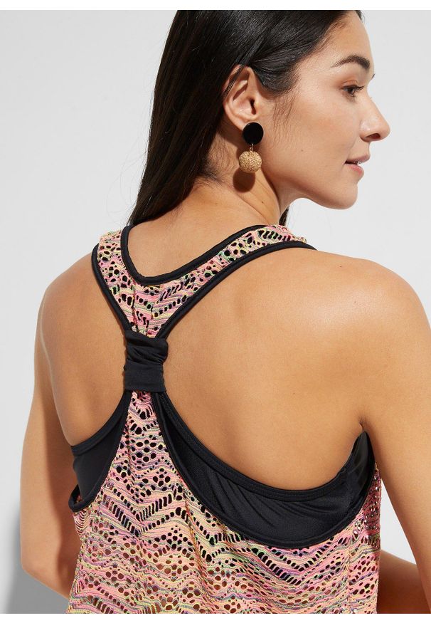 bonprix - Tankini z elastyczną koronką (2 części). Kolor: różowy. Materiał: materiał, koronka. Wzór: koronka