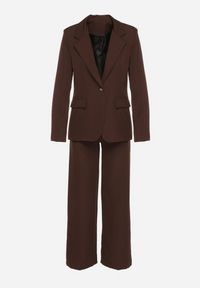 Born2be - Brązowy Komplet Garniturowy z Wiskozą Marynarka na Guzik i Szerokie Spodnie Tevora. Kolor: brązowy. Materiał: wiskoza. Wzór: aplikacja #6