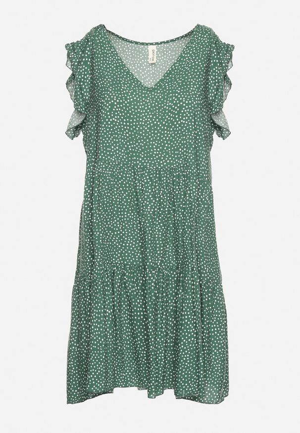 Born2be - Ciemnozielona Bawełniana Sukienka o Rozkloszowanym Kroju w Kropki Giavina. Okazja: na co dzień. Kolor: zielony. Materiał: bawełna. Wzór: kropki. Typ sukienki: rozkloszowane, sportowe. Styl: casual, sportowy