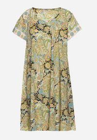 Born2be - Żółto-Zielona Wiskozowa Sukienka o Rozkloszowanym Kroju w Stylu Boho Melnea. Typ kołnierza: dekolt w łódkę. Kolor: żółty. Materiał: wiskoza. Długość rękawa: krótki rękaw. Sezon: lato. Styl: boho #2