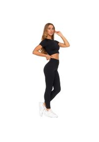 Czarny Damski Sportowy Komplet Top+Legginsy Moraj. Okazja: na co dzień. Kolor: czarny. Materiał: tkanina. Długość rękawa: krótki rękaw. Długość: krótkie. Wzór: gładki. Styl: sportowy #3