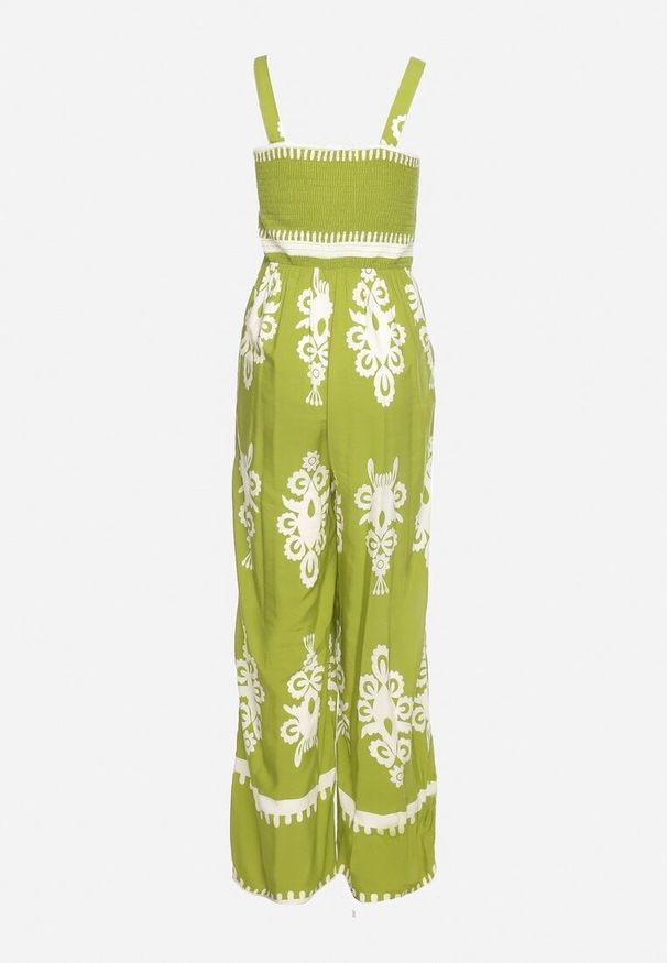 Born2be - Zielony Kombinezon z Wiskozy na Ramiączkach z Marszczoną Górą i Długimi Nogawkami Teseria. Okazja: na co dzień. Kolor: zielony. Materiał: wiskoza. Długość rękawa: na ramiączkach. Długość: długie. Styl: elegancki, klasyczny, casual