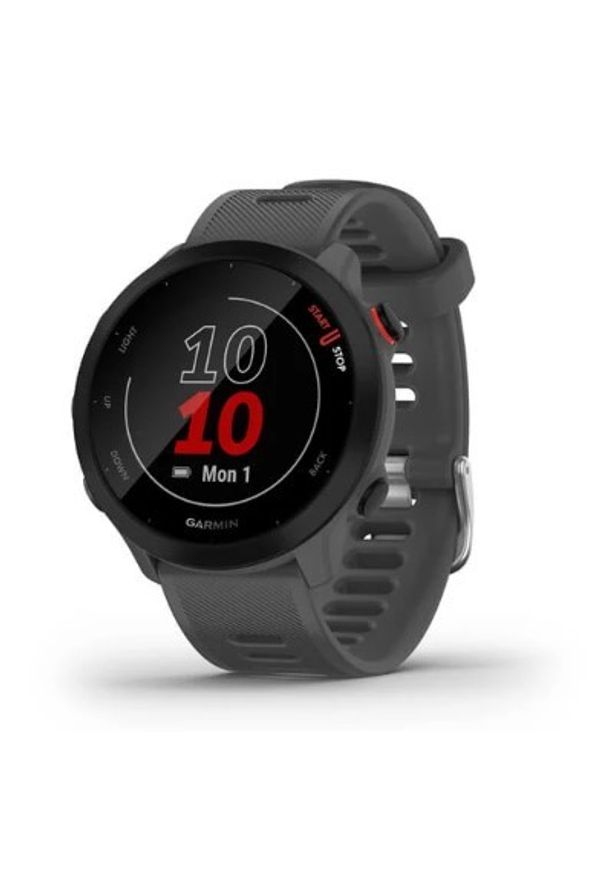 GARMIN - Zegarek sportowy Garmin Forerunner 55 grafitowy. Rodzaj zegarka: smartwatch. Kolor: szary. Materiał: materiał. Styl: sportowy