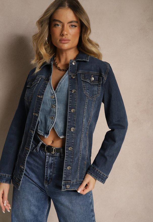 Renee - Granatowa Bawełniana Kurtka Jeansowa Rozpinana Okrea. Okazja: na co dzień, na spacer. Kolor: niebieski. Materiał: bawełna, jeans. Długość rękawa: długi rękaw. Długość: długie. Styl: klasyczny, casual