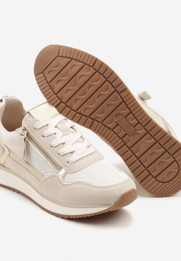 Born2be - Beżowe Sneakersy z Metalicznymi Wstawkami i Ozdobnym Suwakiem Alanatia. Okazja: na co dzień. Kolor: beżowy. Materiał: jeans