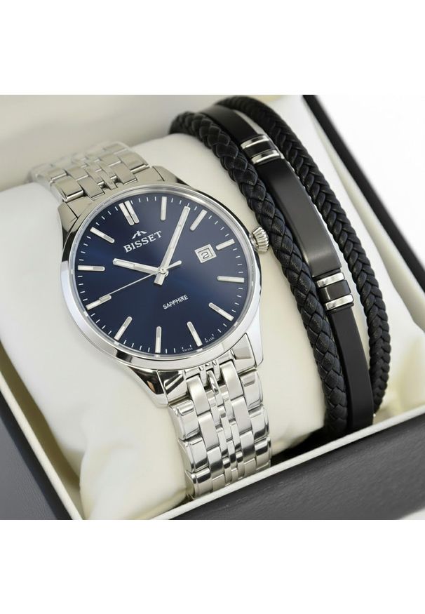 Zestaw męski Szwajcarski zegarek Bisset BSDF38 szafirowe szkło gt + bransoletka. Kolor: niebieski