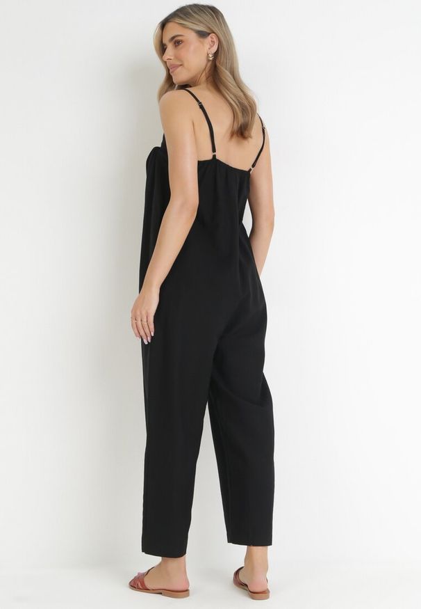 Born2be - Czarny Bawełniany Kombinezon na Cienkich Ramiączkach Noela. Kolor: czarny. Materiał: bawełna. Długość rękawa: na ramiączkach. Długość: długie