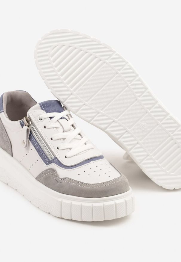 Born2be - Biało-Szare Sneakersy Skórzane z Ozdobnym Suwakiem Tillirella. Okazja: na co dzień. Zapięcie: sznurówki. Kolor: biały. Materiał: skóra