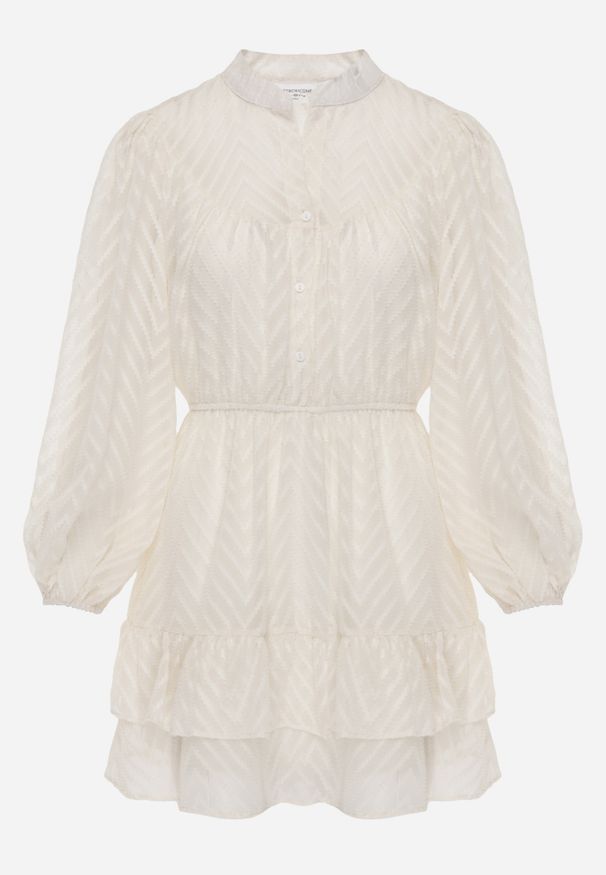 Renee - Jasnobeżowa Sukienka Mini w Skośne Paski o Rozkloszowanym Fasonie z Gumką w Talii Tennari. Kolor: beżowy. Materiał: materiał. Wzór: paski. Długość: mini