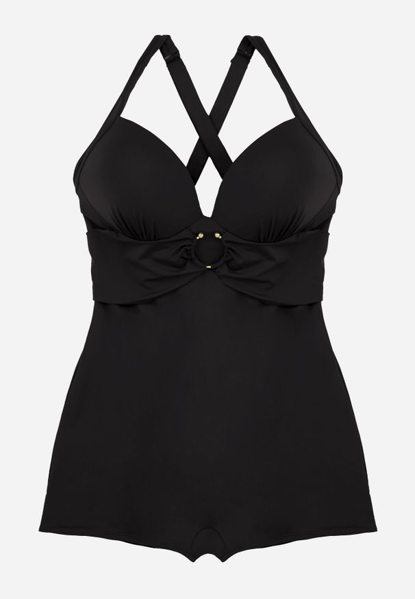 Born2be - Czarny Strój Kąpielowy Jednoczęściowy z Nogawkami Typu Bokserki Glysaela. Kolor: czarny. Wzór: ażurowy