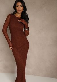 Renee - Brązowa Koronkowa Sukienka Typu Longsleeve o Dopasowanym Kroju Zenoresa. Kolor: brązowy. Materiał: koronka. Długość rękawa: długi rękaw. Typ sukienki: oversize. Styl: elegancki #1