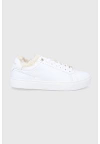 Calvin Klein Buty skórzane kolor biały na płaskiej podeszwie. Nosek buta: okrągły. Zapięcie: sznurówki. Kolor: biały. Materiał: skóra. Obcas: na płaskiej podeszwie