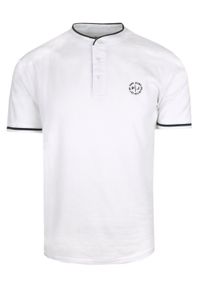 Męska Koszulka (T-Shirt) na Guziki - Pako Jeans - Biała. Okazja: na co dzień. Kolor: biały. Materiał: bawełna. Styl: casual