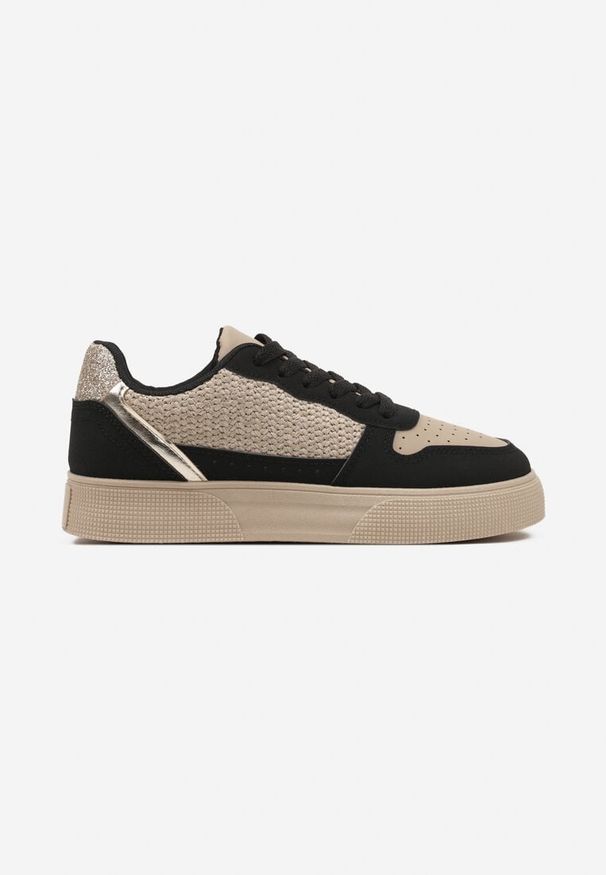 Renee - Beżowo-Czarne Sneakersy na Platformie Ozdobione Plecionką Perforacją i Brokatem Tulreia. Kolor: beżowy. Materiał: jeans. Wzór: aplikacja. Obcas: na platformie