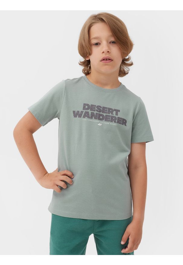4f - T-shirt z nadrukiem chłopięcy. Kolor: zielony. Materiał: bawełna. Wzór: nadruk