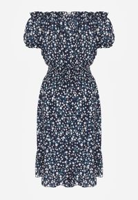 Born2be - Granatowa Bawełniana Sukienka Hiszpanka w Kwiaty z Marszczoną Gumką w Talii Rosaliya. Typ kołnierza: dekolt hiszpanka. Kolor: niebieski. Materiał: bawełna. Wzór: kwiaty #2