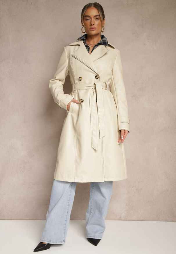 Renee - Beżowy Płaszcz Trencz z Ekoskóry o Dwurzędowym Kroju z Paskiem Nilianis. Okazja: na co dzień. Kolor: beżowy. Materiał: bawełna, wiskoza, jeans. Styl: casual, elegancki