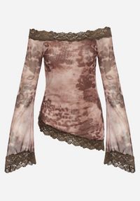 Born2be - Brązowa Siateczkowa Bluzka Hiszpanka z Wiskozą i Bawełną Ozdobiona Koronką Nirriva. Okazja: na co dzień. Typ kołnierza: dekolt hiszpanka. Kolor: brązowy. Materiał: koronka, bawełna, wiskoza. Wzór: koronka, aplikacja. Styl: casual #5