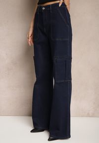 Renee - Granatowe Jeansy z Bawełną o Szerokim Kroju High Waist z Kieszeniami Cargo Phirinna. Okazja: na co dzień. Stan: podwyższony. Kolor: niebieski. Wzór: moro. Styl: militarny, elegancki, casual #3