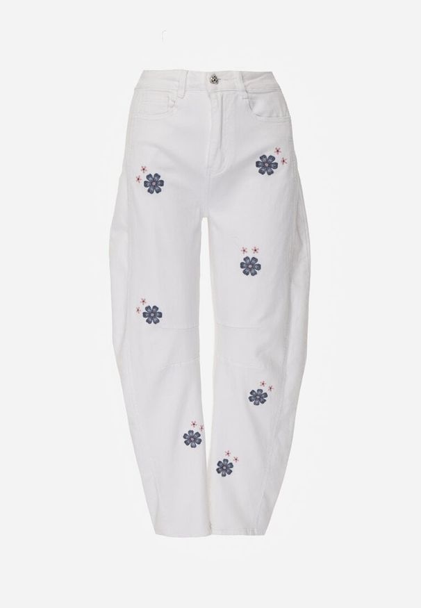 Renee - Białe Jeansy Balloon High Waist z Kwiatowym Haftem Irolyn. Stan: podwyższony. Kolor: biały. Wzór: haft, kwiaty. Styl: elegancki, klasyczny