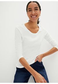 bonprix - Bluzka z długim rękawem z czystej bawełny organicznej. Kolor: biały. Materiał: bawełna. Długość rękawa: długi rękaw. Długość: długie. Wzór: prążki #1