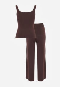 Renee - Brązowy Komplet z Dzianiny z Wiskozą Spodnie Wide Leg i Top z Guzikami Merice. Kolor: brązowy. Materiał: dzianina, wiskoza #5