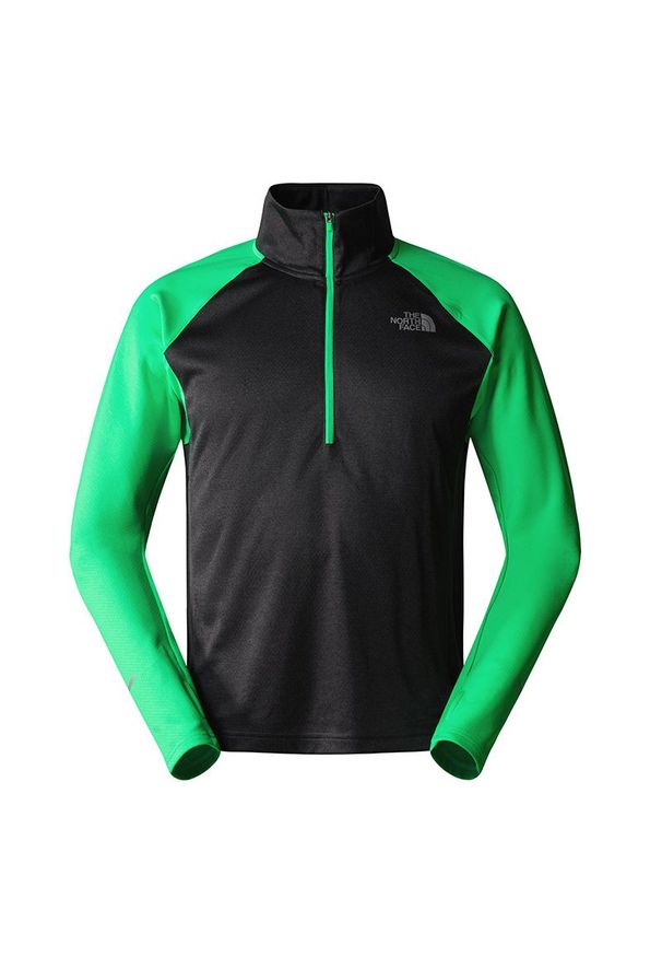 Bluza The North Face 1/4 Zip Run Fleece 0A7SXPOSC1 - czarno-zielona. Kolor: czarny, zielony, wielokolorowy. Materiał: poliester, skóra, elastan. Styl: sportowy, klasyczny. Sport: bieganie