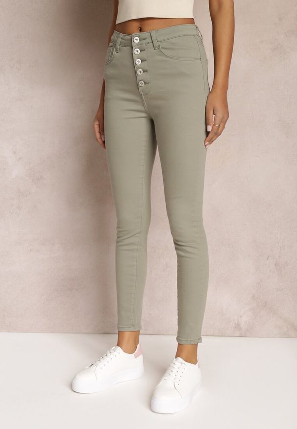 Renee - Ciemnozielone Spodnie Skinny Winvienne. Stan: podwyższony. Kolor: zielony. Długość: długie. Wzór: ażurowy