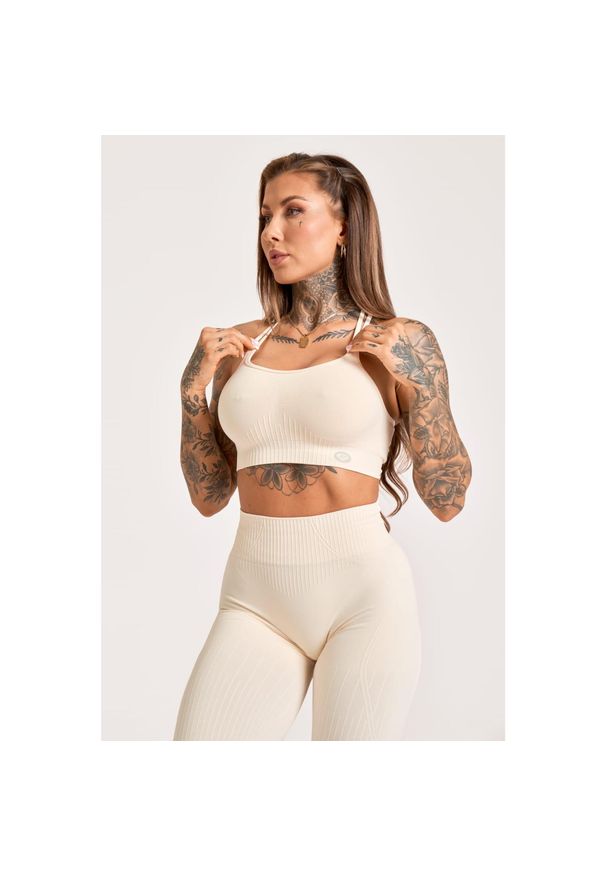 GYM GLAMOUR - Stanik fitness cardio damski Gym Glamour push up 2.0. Kolor: beżowy. Rodzaj stanika: push-up. Sport: fitness