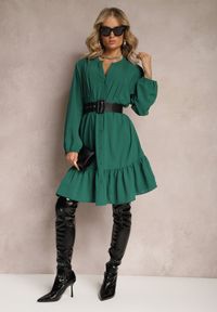 Renee - Ciemnozielona Koszulowa Sukienka Mini Galdra. Kolor: zielony. Wzór: aplikacja. Typ sukienki: koszulowe. Długość: mini