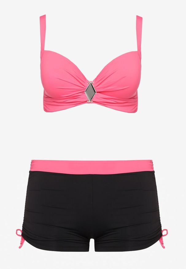 Born2be - Fuksjowo-Czarne Bikini Biustonosz i Majtki ze Ściągaczami Ulonaniela. Kolekcja: plus size. Kolor: różowy. Wzór: aplikacja