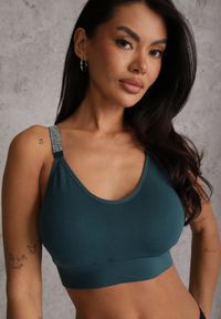 Renee - Ciemnozielony Biustonosz na Szerokich Ramiączkach z Koronką w Cyrkonie Caduria. Kolor: zielony. Materiał: koronka. Rodzaj stanika: wyciągane miseczki. Wzór: koronka #3