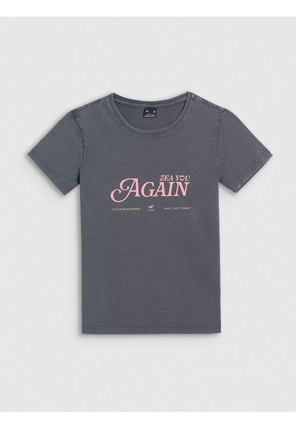 4f - 4F T-shirt slim z nadrukiem damski - szary XXL. Okazja: na co dzień. Kolor: szary. Materiał: materiał, dzianina. Wzór: nadruk. Styl: casual