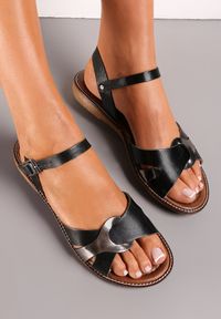 Renee - Czarne Sandały Rzymianki ze Skóry Naturalnej i Metalicznym Zdobieniem Harlotta. Kolor: czarny. Materiał: skóra. Wzór: aplikacja. Sezon: lato #1