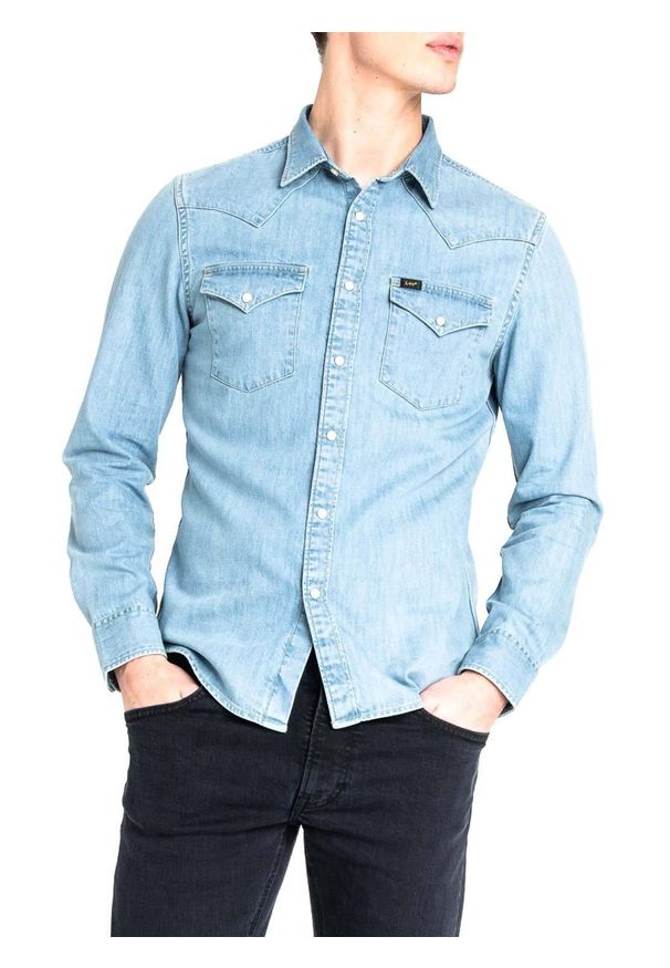 Lee - LEE WESTERN SHIRT MĘSKA KOSZULA JEANSOWA Z DŁUGIM RĘKAWEM LOGO HEATHER BLUE L643PLLI. Materiał: jeans. Długość rękawa: długi rękaw. Długość: długie