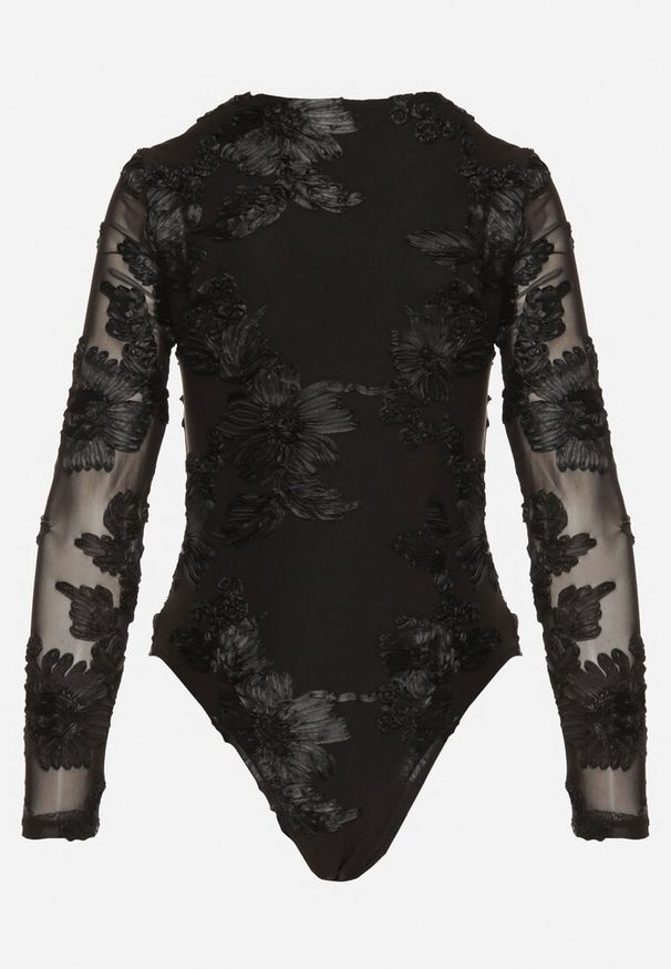 Born2be - Czarne Koronkowe Body Ozdobione Przezroczystymi Rękawami Estania. Okazja: na co dzień. Kolor: czarny. Materiał: koronka. Wzór: aplikacja. Styl: casual
