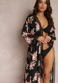 Renee - Czarna Kwiecista Narzutka Sukienka Maxi z Wiskozy z Koronką i Ściągaczem w Pasie Makita. Kolor: czarny. Materiał: wiskoza, koronka. Długość rękawa: długi rękaw. Długość: długie. Wzór: koronka. Sezon: wiosna, lato #5