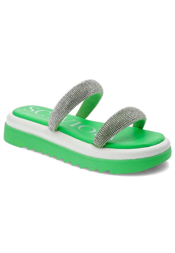 Sca'viola - Zielone Klapki Sca'Viola Eleganckie Obuwie Damskie Z Cyrkoniami. Kolor: zielony. Wzór: paski, aplikacja. Sezon: lato. Styl: elegancki