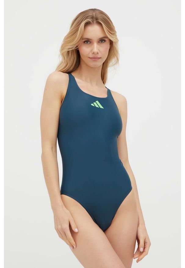 adidas Performance jednoczęściowy strój kąpielowy 3 Bar Logo kolor granatowy miękka miseczka. Kolor: niebieski. Materiał: skóra, dzianina, materiał. Wzór: ze splotem