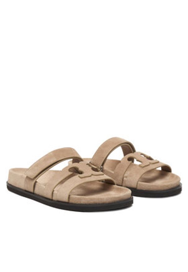 Tory Burch Klapki Ines Sport Slide 163481 Brązowy jasny. Kolor: brązowy. Materiał: skóra, zamsz. Styl: sportowy
