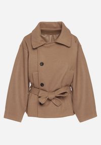 Born2be - Beżowy Krótki Płaszcz z Wiskozą o Pudełkowym Kroju z Wiązanym Paskiem i Kołnierzem Tusilia. Okazja: na co dzień. Kolor: beżowy. Materiał: wiskoza. Długość: krótkie. Styl: casual, klasyczny #3