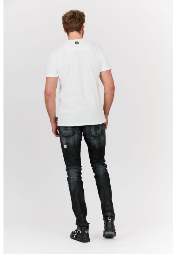 Philipp Plein - PHILIPP PLEIN Biały t-shirt męski Platinum cut round neck space plein, Rozmiar L. Kolor: biały. Materiał: prążkowany. Wzór: aplikacja