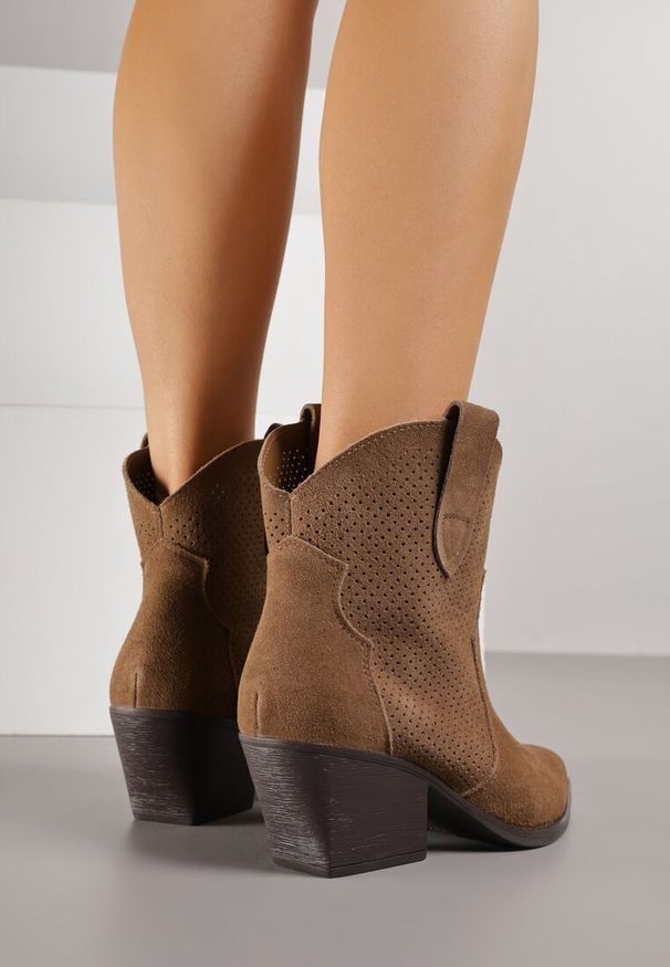 Renee - Brązowe Botki Typu Kowbojki na Stożku ze Skóry Naturalnej Clearfeather. Okazja: na co dzień. Kolor: brązowy. Materiał: skóra. Obcas: na stożku. Styl: casual, klasyczny