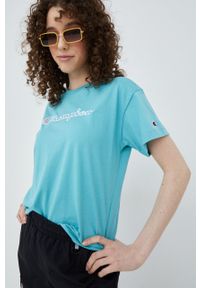 Champion t-shirt bawełniany 115351 kolor turkusowy. Okazja: na co dzień. Kolor: turkusowy. Materiał: bawełna. Wzór: aplikacja. Styl: casual #2
