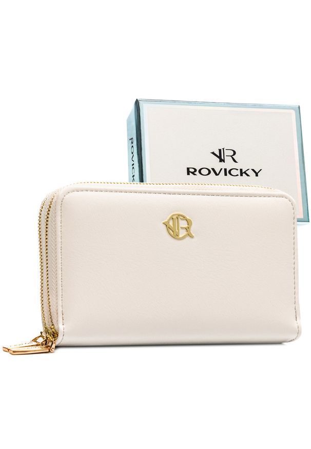 ROVICKY - Duży, biały portfel damski ze skóry ekologicznej zamykany suwakiem - Rovicky. Kolor: biały. Materiał: skóra ekologiczna