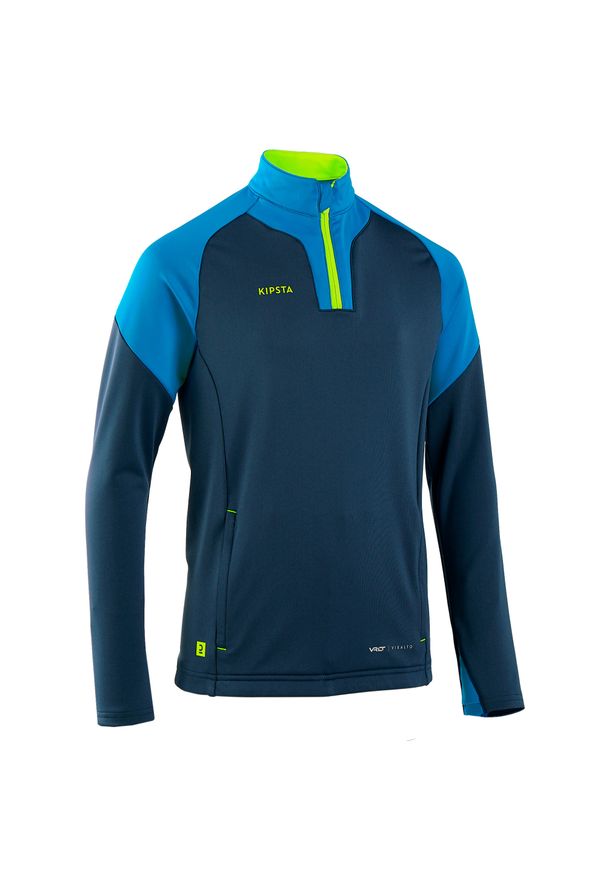 KIPSTA - Bluza do piłki nożnej dla dzieci Kipsta Viralto Solo na krótki suwak. Okazja: na co dzień. Kolor: wielokolorowy, niebieski, żółty. Materiał: poliester, materiał, elastan. Sport: piłka nożna