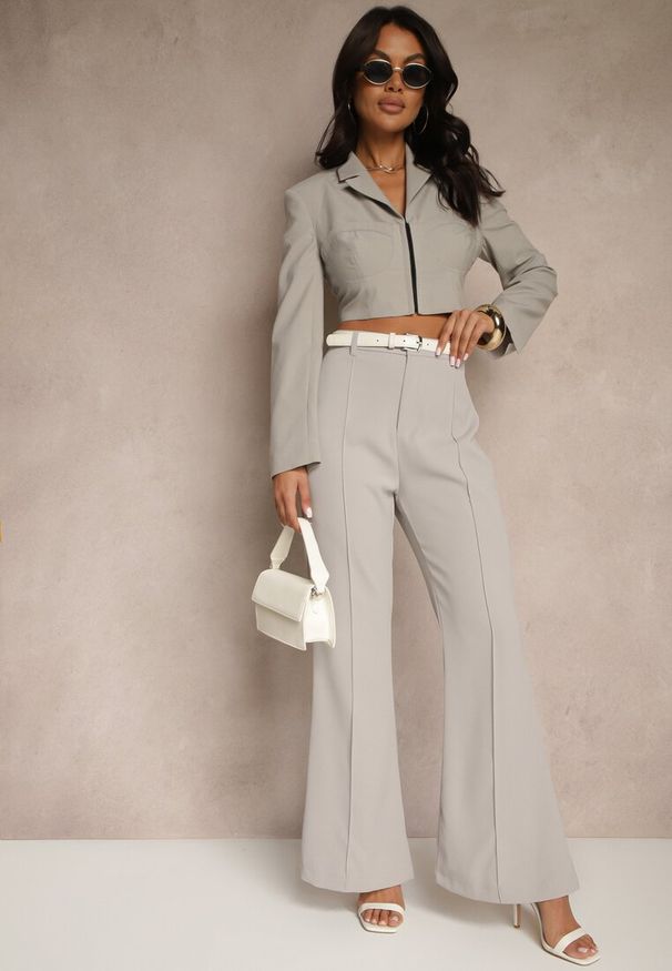 Renee - Szare Casualowe Spodnie w Stylu Dzwonów High Waist Uinna. Okazja: na co dzień. Stan: podwyższony. Kolor: szary. Styl: casual