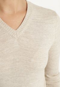Born2be - Jasnobeżowy Klasyczny Sweter z Dekoltem w Szpic Felitha. Okazja: na co dzień, na spotkanie biznesowe, do pracy. Kolor: beżowy. Materiał: jeans. Długość rękawa: długi rękaw. Długość: długie. Styl: klasyczny #4